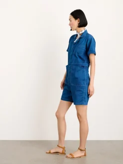 Indigo Dyed Standard Short Jumpsuit In Cotton Twill